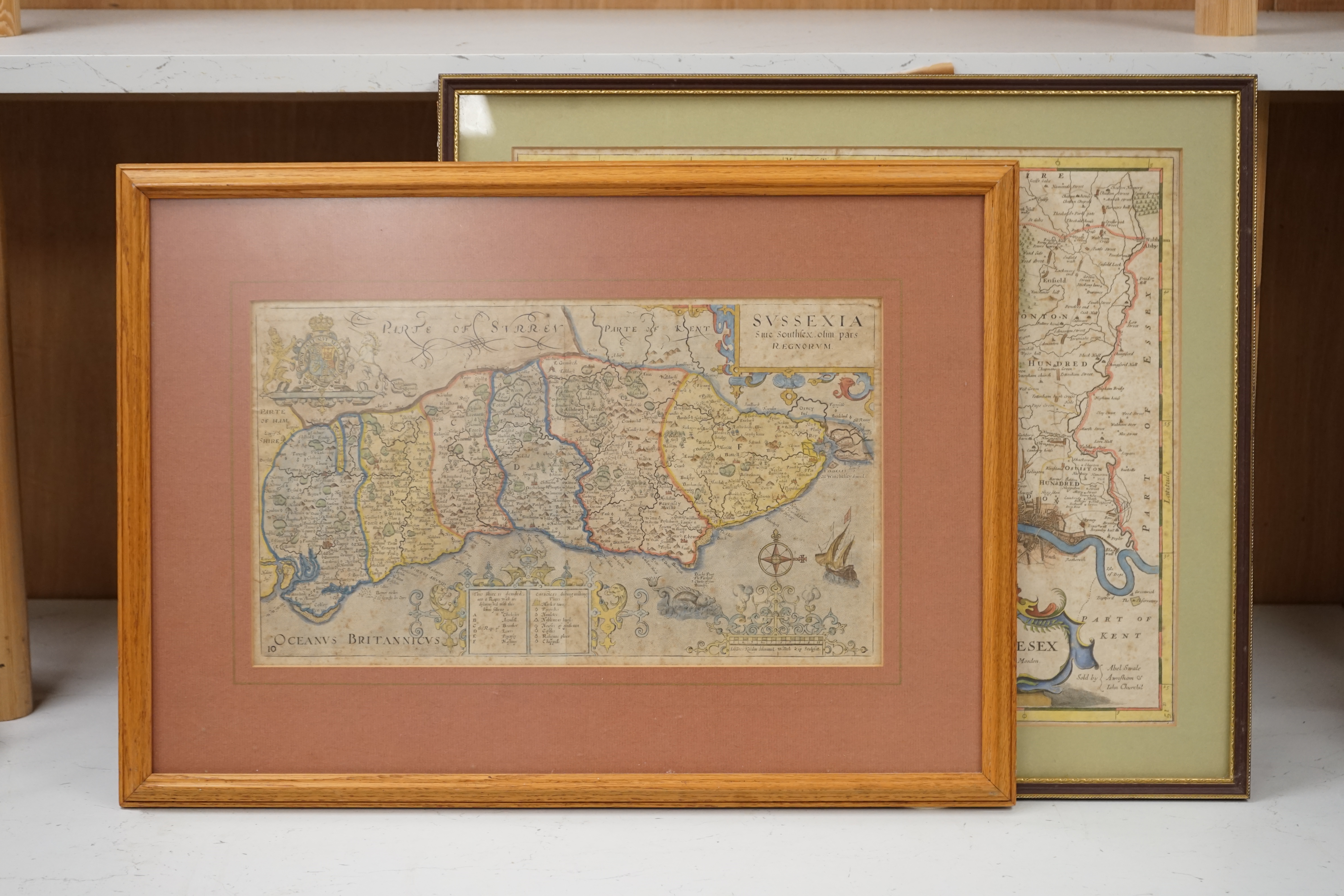 After Robert Morden (1650-1703), hand coloured map of Middlesex together with another of Sussex, largest 37 x 42cm. Condition - foxed